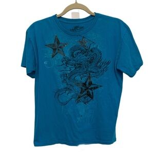 Y2K Helix Teal Blue Dragon Star Graphics Short Sleeve Shirt